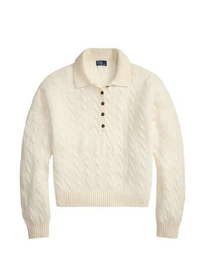 Polo Ralph Lauren Rib-knit Polo Sweater With Five-button Pocket - Size S In Bianco