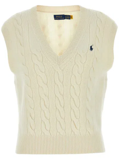Polo Ralph Lauren Rib-knit V-neck Sleeveless Sweater - Size S In Bianco