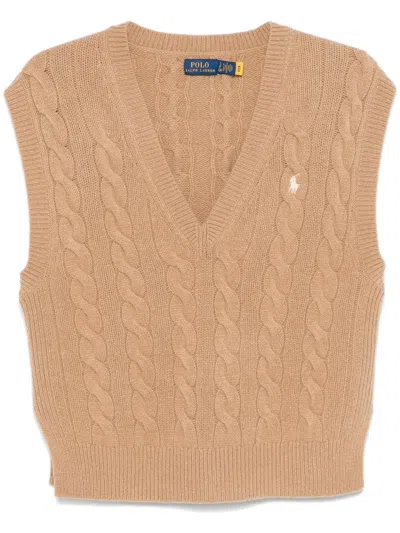 Polo Ralph Lauren Rib-knit V-neck Sleeveless Sweater With Embroidered Pony In Neutral