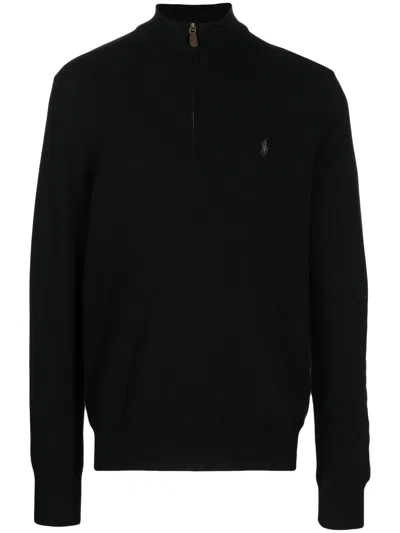 Polo Ralph Lauren Rib-knit Wool Mockneck Quarter-zip Sweater With Embroidered Pony In Black