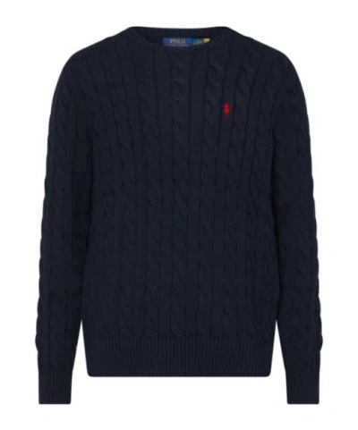 Polo Ralph Lauren Blue Cable Knit Crewneck Sweater With Pony Embroidery On The Front In Wool And Cashmere Man