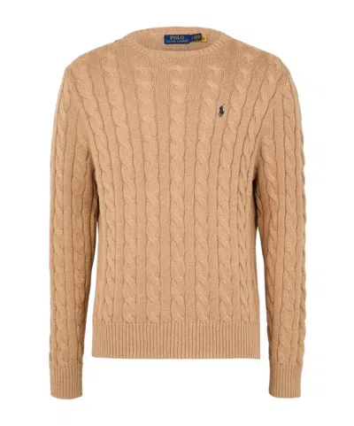 Polo Ralph Lauren Beige Cable Knit Crewneck Sweater With Pony Embroidery On The Front In Wool And Cashmere Man In Brown