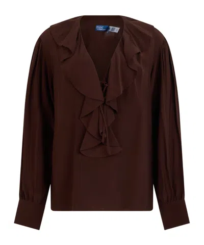 Polo Ralph Lauren Ruffled Crepe Shirt In Brown
