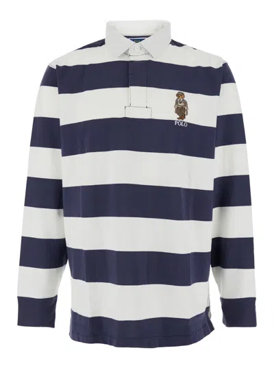 Polo Ralph Lauren Rugby Fit Blue And White Polo Shirt With Logo Embroidery On The Front And All-over Striped Motif In 
