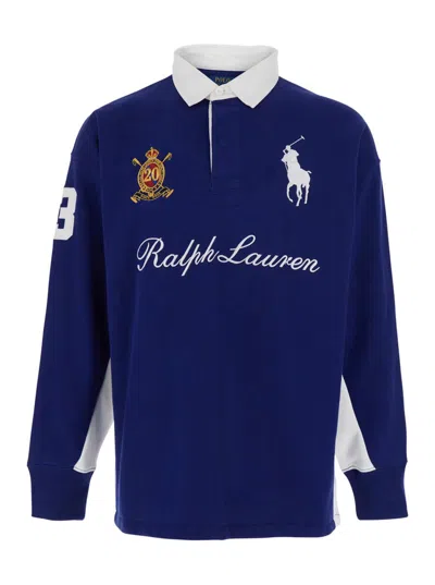 Polo Ralph Lauren Rugby Fit Blue Polo Shirt With Maxi Horse Embroidery On The Front And Lettering Logo In Cotton Blend