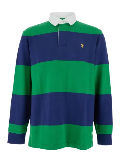 Polo Ralph Lauren Rugby Fit Multicolor Polo Shirt With Logo Embroidery On The Front And All-over Striped Motif In Cott In Green