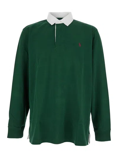 POLO RALPH LAUREN 'RUGBY' GREEN POLO SHIRT WITH CONTRASTING COLLAR AND PONY DETAIL ON THE FRONT IN COTTON MAN