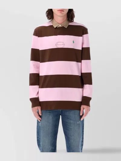 Polo Ralph Lauren Rugby Polo With Button Collar And Striped Pattern In Pink