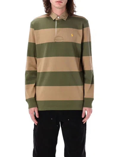 Polo Ralph Lauren Rugby Shirt With Khaki Collar And Bold Stripes In New Olive