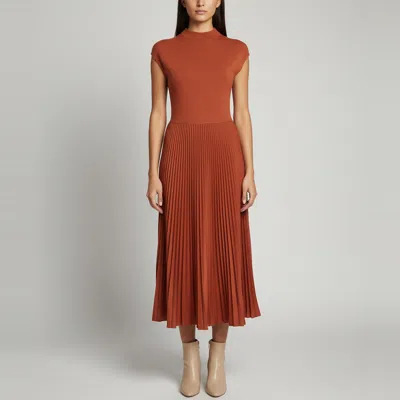 Pre-owned Polo Ralph Lauren Rust Wool And Satin Plisse Wonda Midi Dress S In Orange