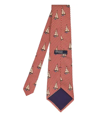 Pre-owned Polo Ralph Lauren Sailboat Stripe Silk Tie In Red