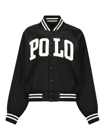 Polo Ralph Lauren Satin Bomber Jacket With Logo In Black
