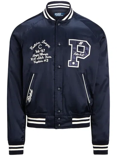 Polo Ralph Lauren Logo-appliqué Satin Bomber Jacket In Blue