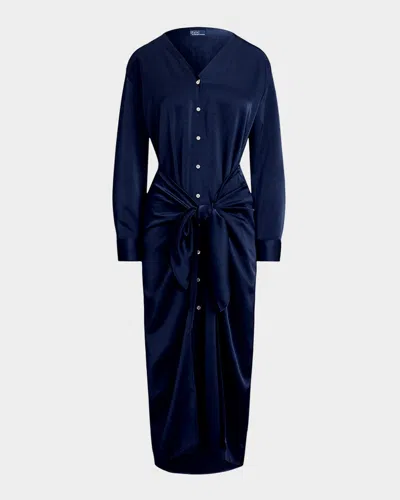 Polo Ralph Lauren Satin Tie-front Wrap Shirtdress In Blue