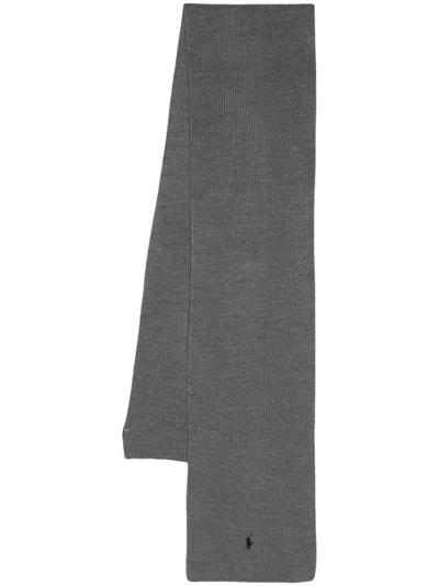 Polo Ralph Lauren Embroidered-logo Ribbed-knit Scarf In Grey