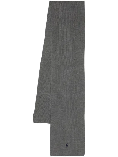 Polo Ralph Lauren Embroidered-logo Ribbed-knit Scarf In Grey