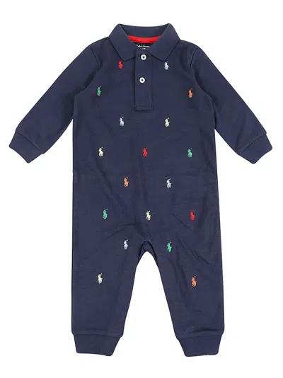 Polo Ralph Lauren Babies' Logo Embroidery Cotton Interlock Romper In Refined Navy