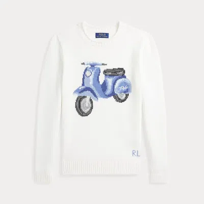Polo Ralph Lauren Kids' Scooter-intarsia Cotton Sweater In Deckwash White