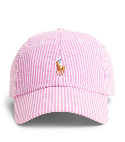 Polo Ralph Lauren Seersucker Stripe Polo Pony Cap In Pink