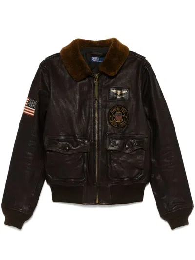 Polo Ralph Lauren Shearling-collar Leather Bomber Jacket In Black