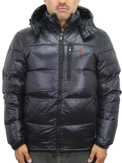 Pre-owned Polo Ralph Lauren Shiny Hooded Down Filled Puffer Jacket Coat - Black