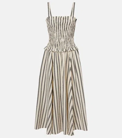 POLO RALPH LAUREN SHIRRED STRIPED SILK-BLEND MIDI DRESS