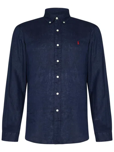 Polo Ralph Lauren Button-down Linen Sport Shirt With Contrasting Logo In Blue