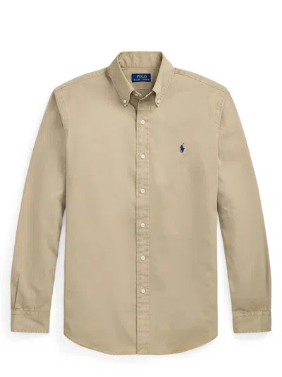 Polo Ralph Lauren Icon Logo Slim Fit Garment Dyed Oxford Shirt In Beige