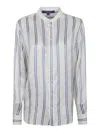 Polo Ralph Lauren Silk Mandarin Collar Shirt With Vertical Stripes In White