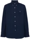 Polo Ralph Lauren Navy Blue Stretch-cotton Button-down Shirt With Signature Motif In Blue