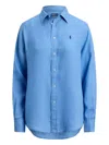 Polo Ralph Lauren Womens Blue Brand-embroidered Long-sleeved Linen Shirt In Blue