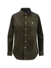 Polo Ralph Lauren Olive Long-sleeve Velvet Ribbed Shirt With Classic Collar In Green