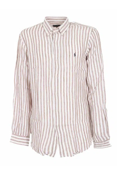 Polo Ralph Lauren Classic Striped Shirt In White And Khaki In Multicolor