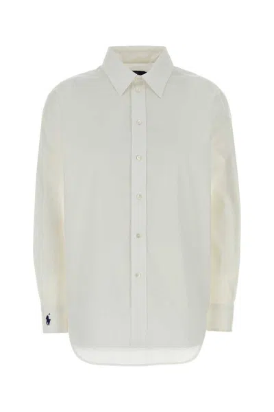 Polo Ralph Lauren Collared Shirt With Embroidered Cuffs And Long Sleeves In White