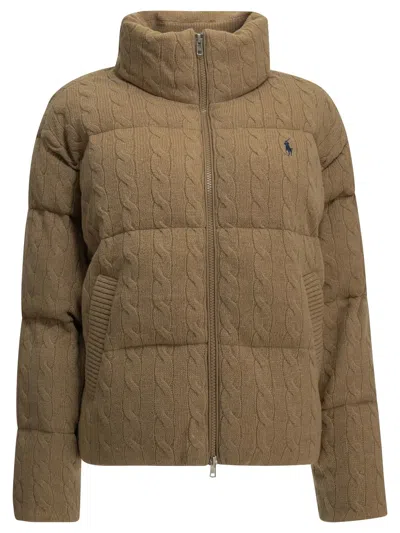 Polo Ralph Lauren Short Down Jacket Made Of Wool And Cashmere Knit In Brown