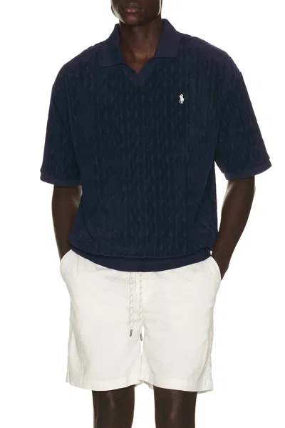 Polo Ralph Lauren Short Sleeve Cable Terry Johnny Collar Polo In Blue
