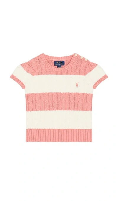 Polo Ralph Lauren Short Sleeve Cotton Cable Knit Striped Pullover Sweater In Pink