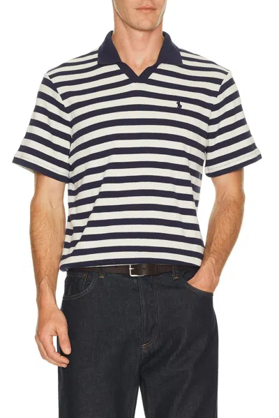Polo Ralph Lauren Short Sleeve Cotton Club Stripe Textured Fully Fashioned Johnny Collar Polo In Blue