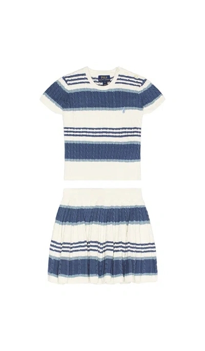 Polo Ralph Lauren Short Sleeve Cotton Mini Cable Knit Striped Shirt With Skirt In Multi