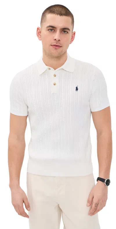 Polo Ralph Lauren Short Sleeve Featherweight Cable Knit Sweater Deckwash White W/ Navy Pp