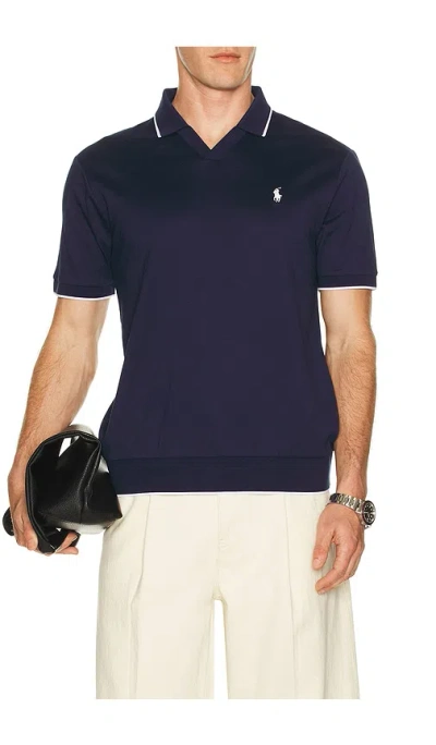 Polo Ralph Lauren Short Sleeve Jacquard Pique Johnny Collar Polo In Blue