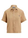 Polo Ralph Lauren Womens Camel Logo-embroidered Short-sleeve Linen Shirt Xl