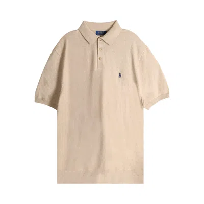 Pre-owned Polo Ralph Lauren Short-sleeve Placket Pullover Sweater 'dune Melange' | Tan | Men's Size L