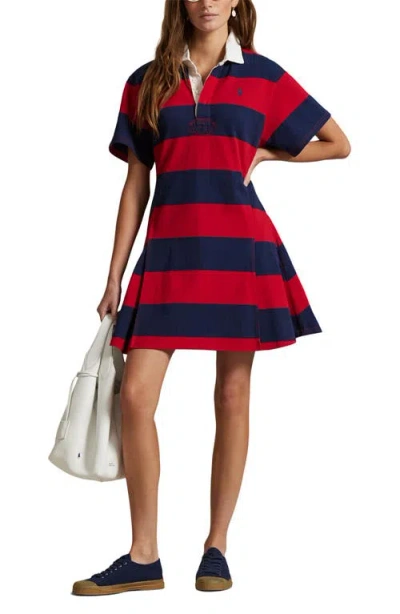 Polo Ralph Lauren Short Sleeve Stripe Cotton Rugby Dress In Red