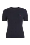 Polo Ralph Lauren Blue Cable Knit T-shirt With Embroidered Logo In Cotton Woman In Blue