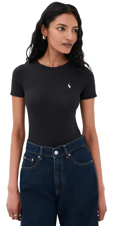 Polo Ralph Lauren Short Sleeve Thong Bodysuit Onyx In Black