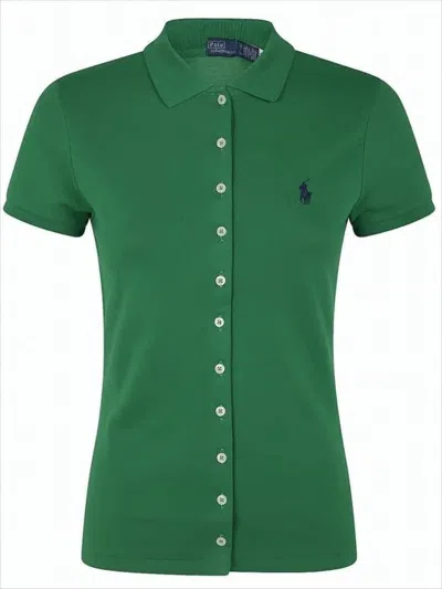 Polo Ralph Lauren Short-sleeved Button-up Top With Classic Polo Collar In Green