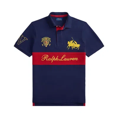 Pre-owned Polo Ralph Lauren Short-sleeve Basic Mesh Script Chest Stripe Polo 'newport Navy/sweet Tomato' | Blu In Blue