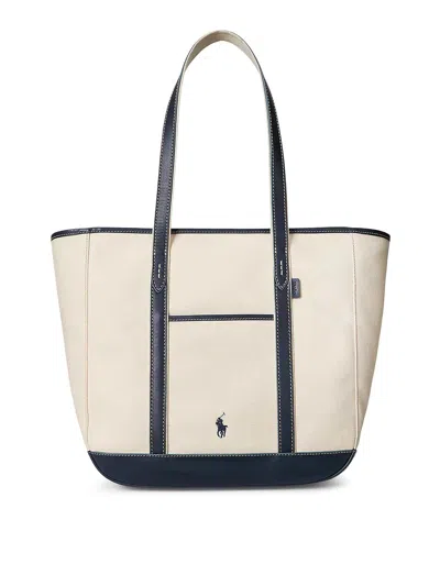 Polo Ralph Lauren Shoulder Bag In Canvas With Leather Profiles In Sand