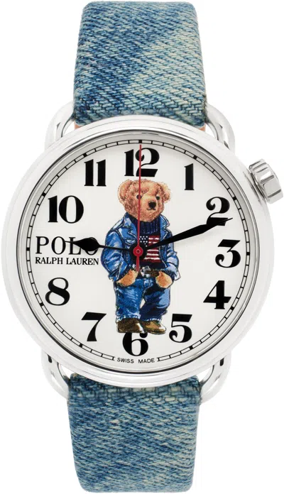 Polo Ralph Lauren Silver & Blue Denim Polo Bear Steel Watch In White Dial